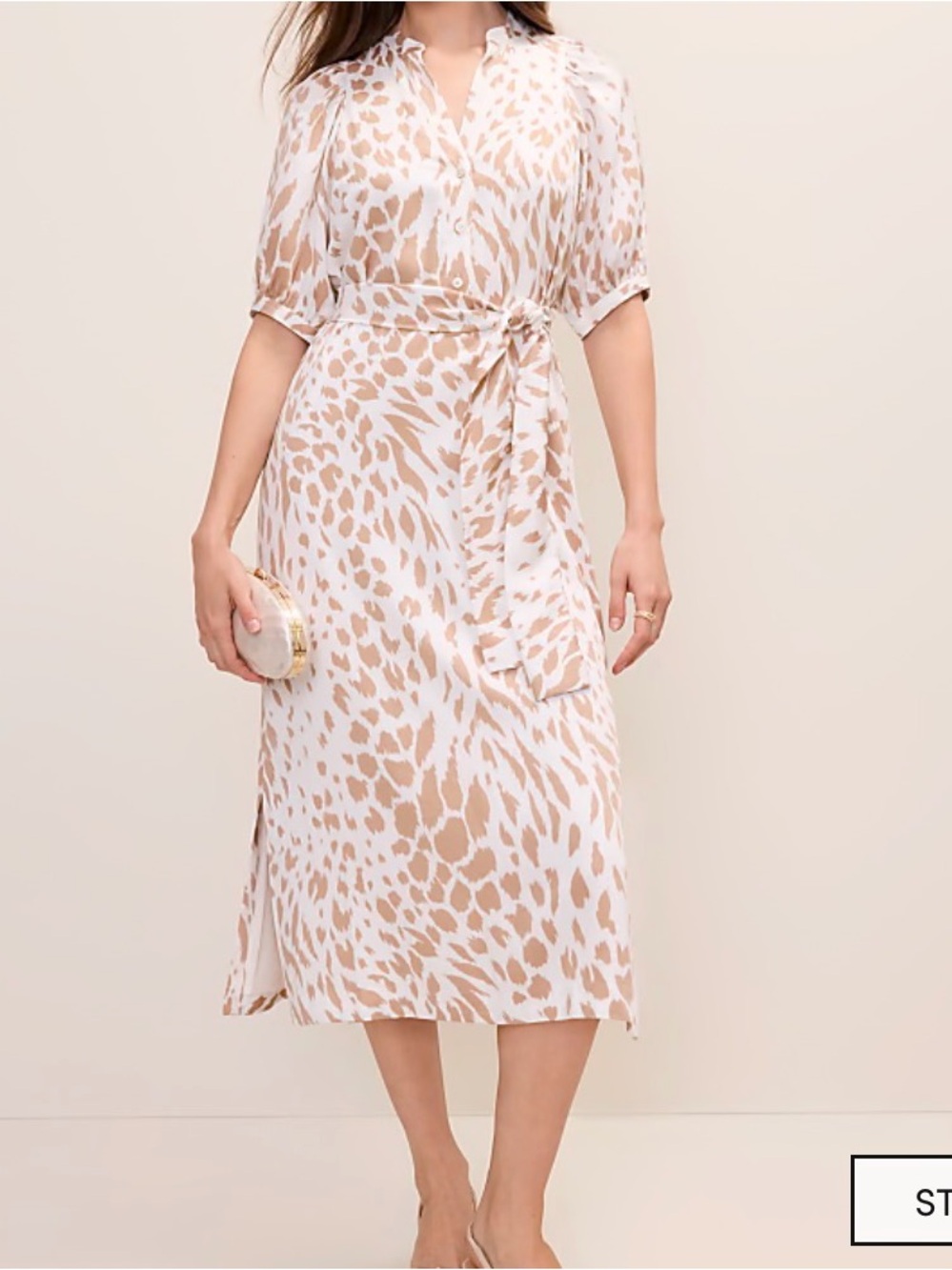 Ann Taylor Beige and White Animal-Print Tie-Waist Midi Dress